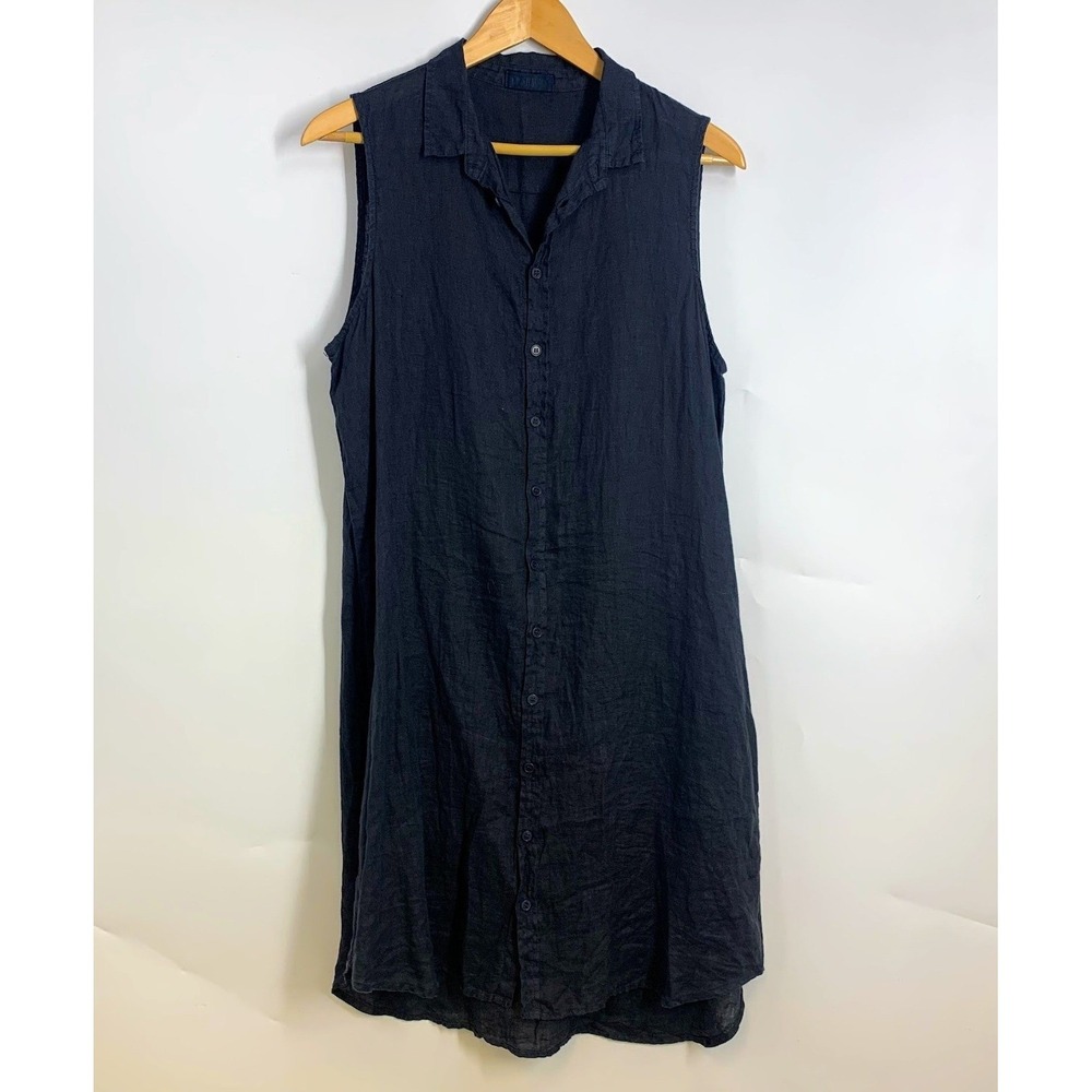 CP Shades Navy Blue 100% Linen Sleeveless Button‎ Down Shirt Dress Relaxed Fit